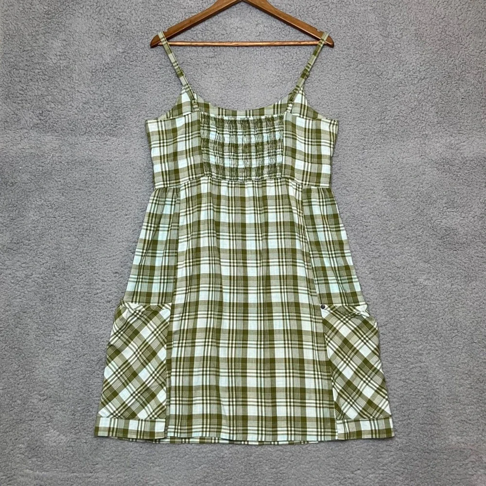 Horny Toad Organic Cotton Sleeveless Sun Dress L Olive Plaid Sustainable Cottage